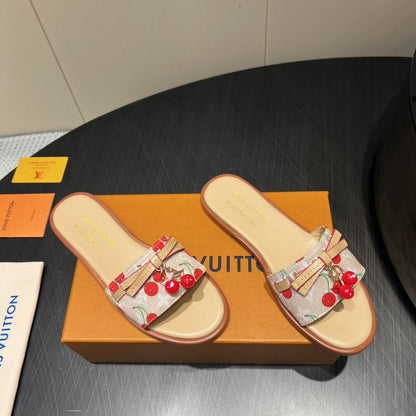 LOUIS VUITTON LV SLIDE SANDALS 25S IN BEIGE DENIM AND CALFSKIN WITH CHERRY BLOSSOM BUCKLE