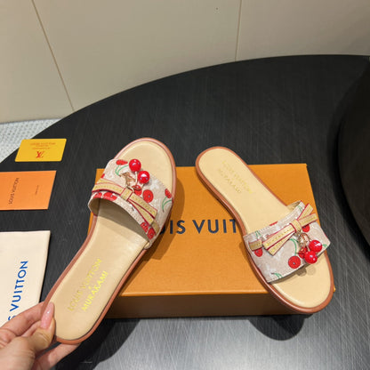 LOUIS VUITTON LV SLIDE SANDALS 25S IN BEIGE DENIM AND CALFSKIN WITH CHERRY BLOSSOM BUCKLE