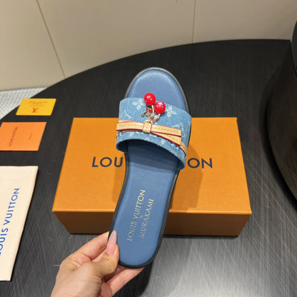 LOUIS VUITTON LV SLIDE SANDALS 25S IN BLUE DENIM AND CALFSKIN WITH CHERRY BLOSSOM BUCKLE