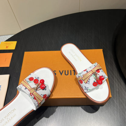 LOUIS VUITTON LV SLIDE SANDALS 25S IN WHITE DENIM AND CALFSKIN WITH CHERRY BLOSSOM BUCKLE