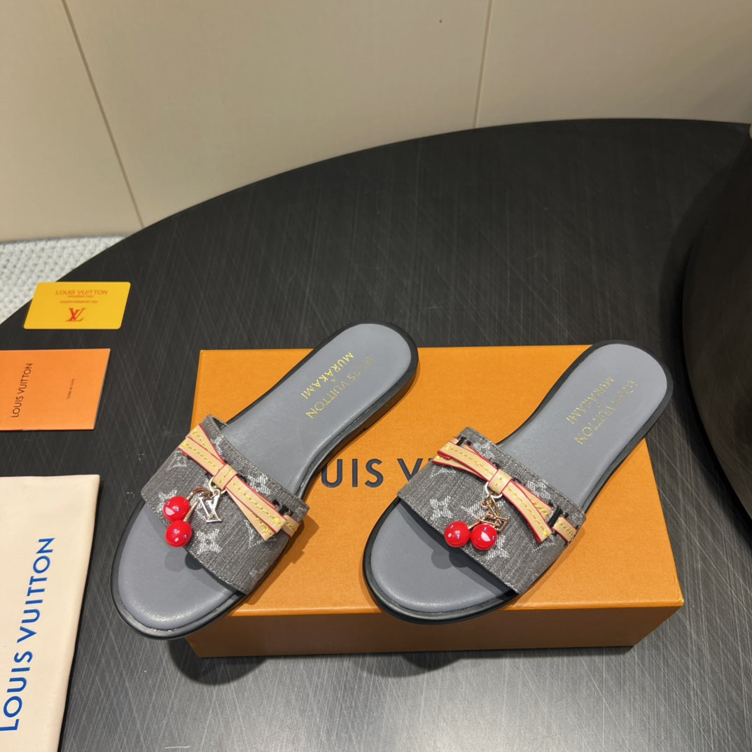 LOUIS VUITTON LV SLIDE SANDALS 25S IN DARK GREY DENIM AND CALFSKIN WITH CHERRY BLOSSOM BUCKLE