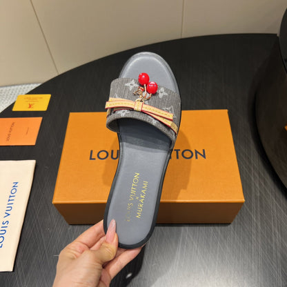 LOUIS VUITTON LV SLIDE SANDALS 25S IN DARK GREY DENIM AND CALFSKIN WITH CHERRY BLOSSOM BUCKLE