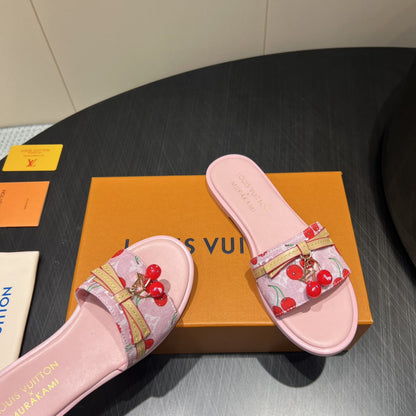 LOUIS VUITTON LV SLIDE SANDALS 25S IN LIGHT PINK DENIM AND CALFSKIN WITH CHERRY BLOSSOM BUCKLE
