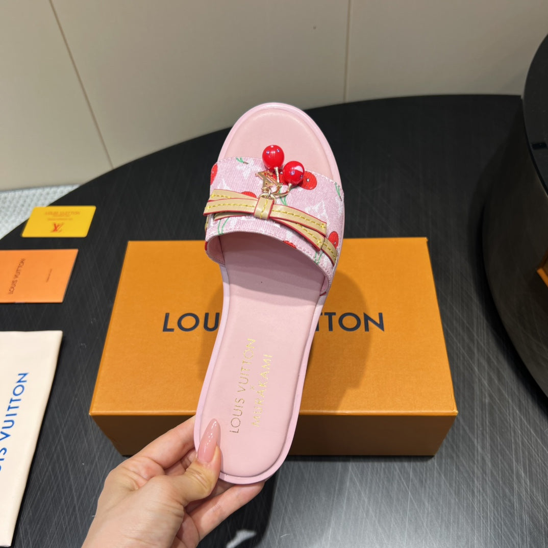LOUIS VUITTON LV SLIDE SANDALS 25S IN LIGHT PINK DENIM AND CALFSKIN WITH CHERRY BLOSSOM BUCKLE