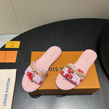 LOUIS VUITTON LV SLIDE SANDALS 25S IN LIGHT PINK DENIM AND CALFSKIN WITH CHERRY BLOSSOM BUCKLE
