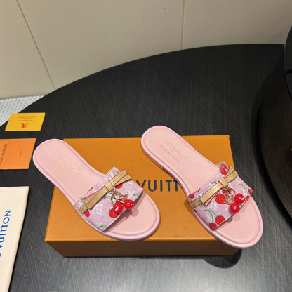 LOUIS VUITTON LV SLIDE SANDALS 25S IN LIGHT PINK DENIM AND CALFSKIN WITH CHERRY BLOSSOM BUCKLE