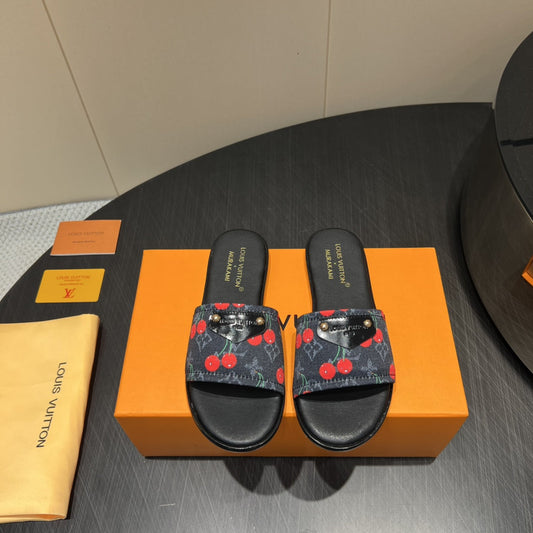 LOUIS VUITTON LV SLIDE SANDALS 25S IN BLACK DENIM AND CALFSKIN WITH LOGO PRINT