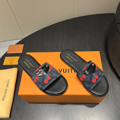 LOUIS VUITTON LV SLIDE SANDALS 25S IN BLACK DENIM AND CALFSKIN WITH LOGO PRINT