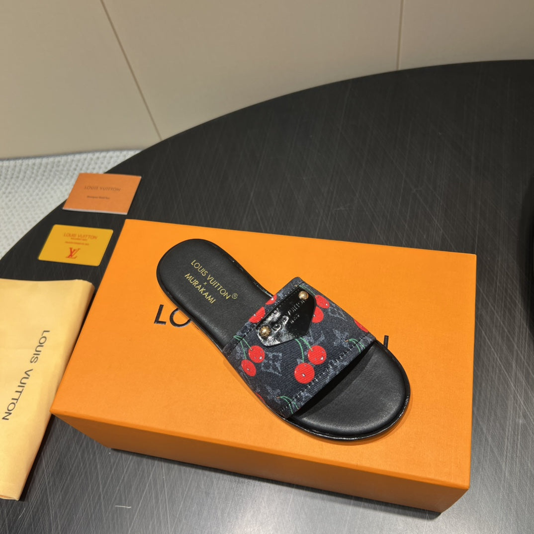 LOUIS VUITTON LV SLIDE SANDALS 25S IN BLACK DENIM AND CALFSKIN WITH LOGO PRINT