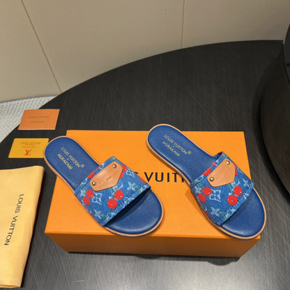 LOUIS VUITTON LV SLIDE SANDALS 25S IN DARK BLUE DENIM AND CALFSKIN WITH LOGO PRINT