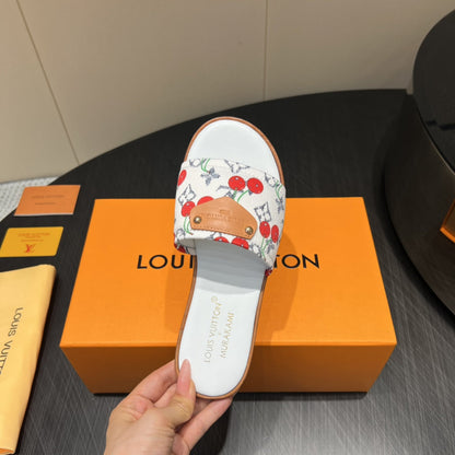 LOUIS VUITTON LV SLIDE SANDALS 25S IN WHITE DENIM AND CALFSKIN WITH LOGO PRINT