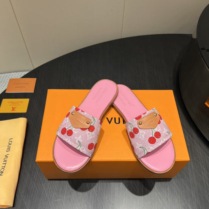 LOUIS VUITTON LV SLIDE SANDALS 25S IN PINK DENIM AND CALFSKIN WITH LOGO PRINT