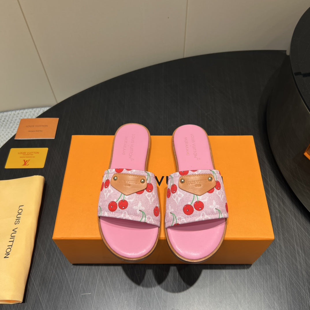 LOUIS VUITTON LV SLIDE SANDALS 25S IN PINK DENIM AND CALFSKIN WITH LOGO PRINT