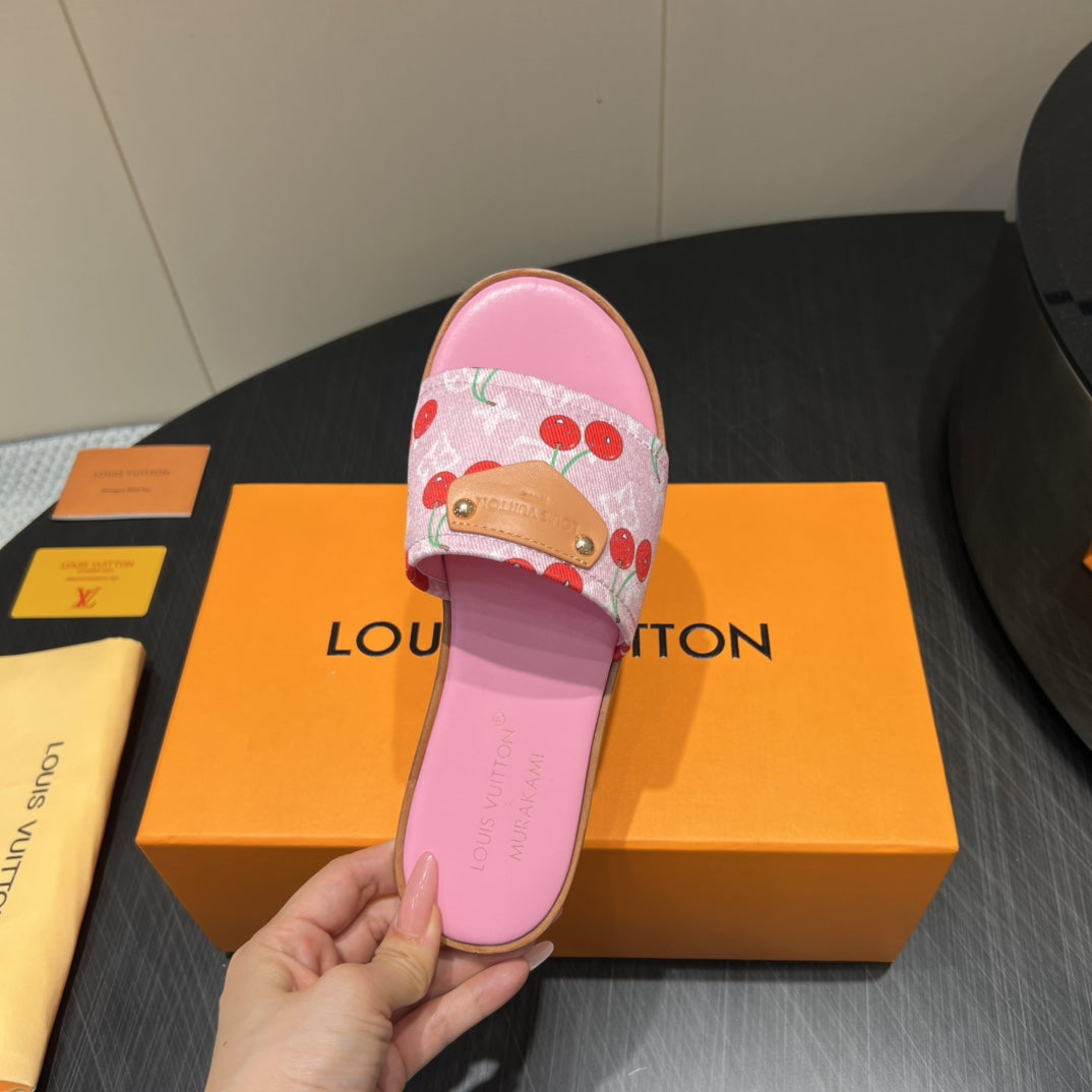 LOUIS VUITTON LV SLIDE SANDALS 25S IN PINK DENIM AND CALFSKIN WITH LOGO PRINT