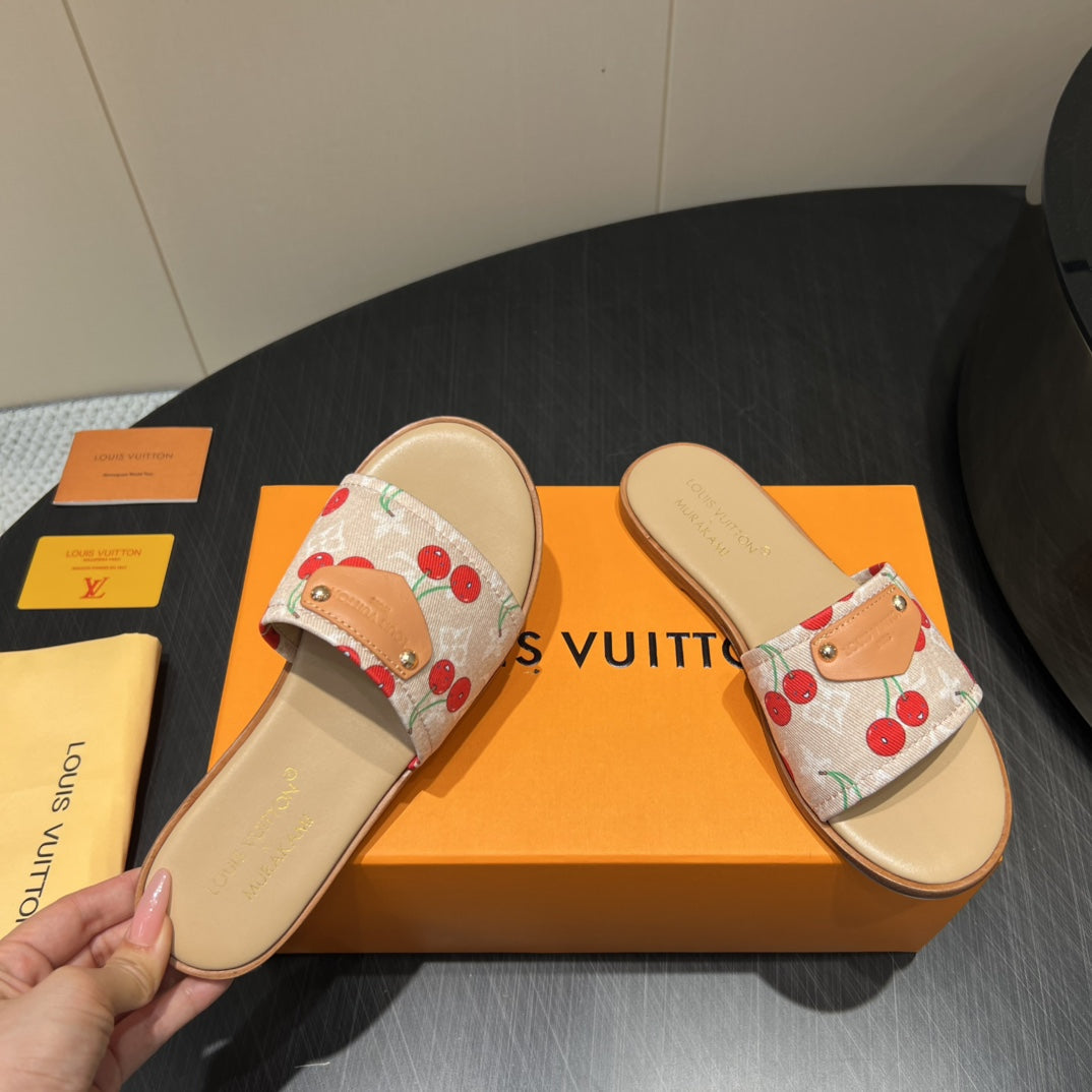 LOUIS VUITTON LV SLIDE SANDALS 25S IN BEIGE DENIM AND CALFSKIN WITH LOGO PRINT