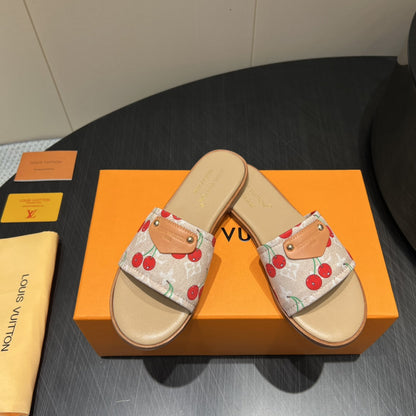 LOUIS VUITTON LV SLIDE SANDALS 25S IN BEIGE DENIM AND CALFSKIN WITH LOGO PRINT