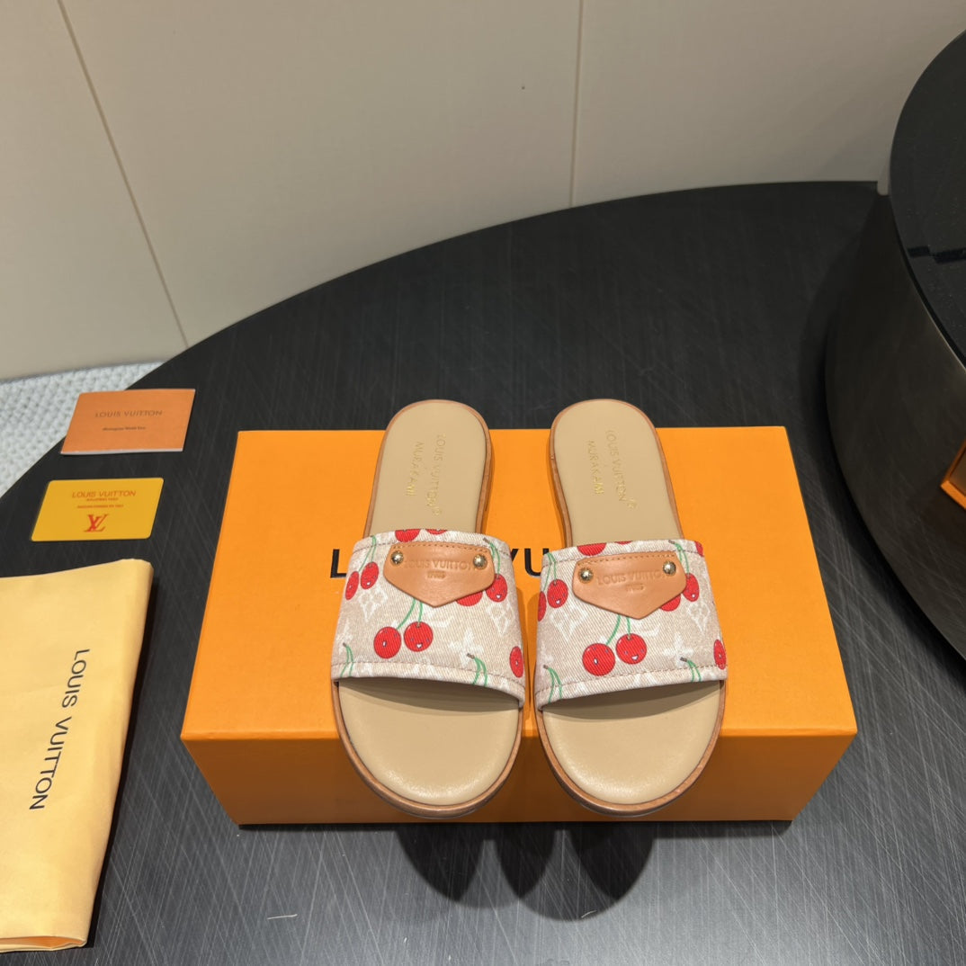 LOUIS VUITTON LV SLIDE SANDALS 25S IN BEIGE DENIM AND CALFSKIN WITH LOGO PRINT