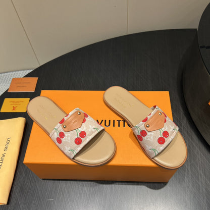 LOUIS VUITTON LV SLIDE SANDALS 25S IN BEIGE DENIM AND CALFSKIN WITH LOGO PRINT