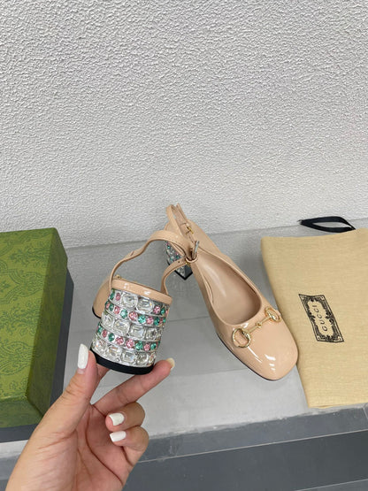 GUCCI WOMEN'S HORSEBIT SLINGBACK IN TAN BEIGE CALFSKIN WITH RHINSTONES