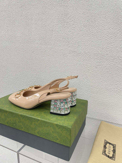 GUCCI WOMEN'S HORSEBIT SLINGBACK IN TAN BEIGE CALFSKIN WITH RHINSTONES