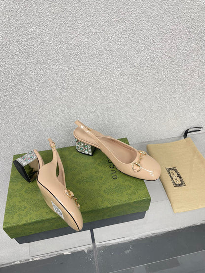GUCCI WOMEN'S HORSEBIT SLINGBACK IN TAN BEIGE CALFSKIN WITH RHINSTONES