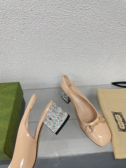 GUCCI WOMEN'S HORSEBIT SLINGBACK IN TAN BEIGE CALFSKIN WITH RHINSTONES