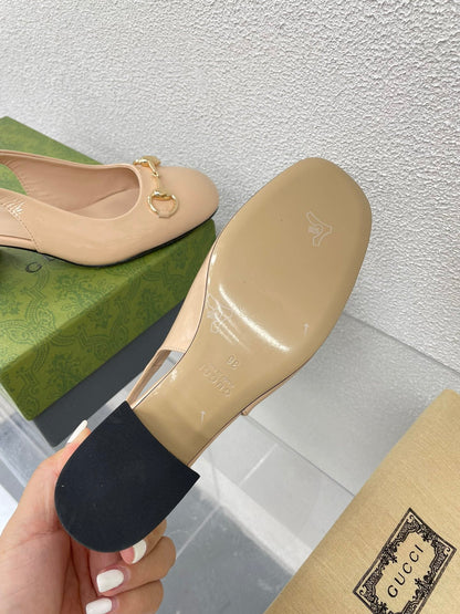 GUCCI WOMEN'S HORSEBIT SLINGBACK IN TAN BEIGE CALFSKIN WITH RHINSTONES