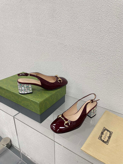 GUCCI WOMEN'S HORSEBIT SLINGBACK IN WINE RED CALFSKIN WITH RHINSTONES
