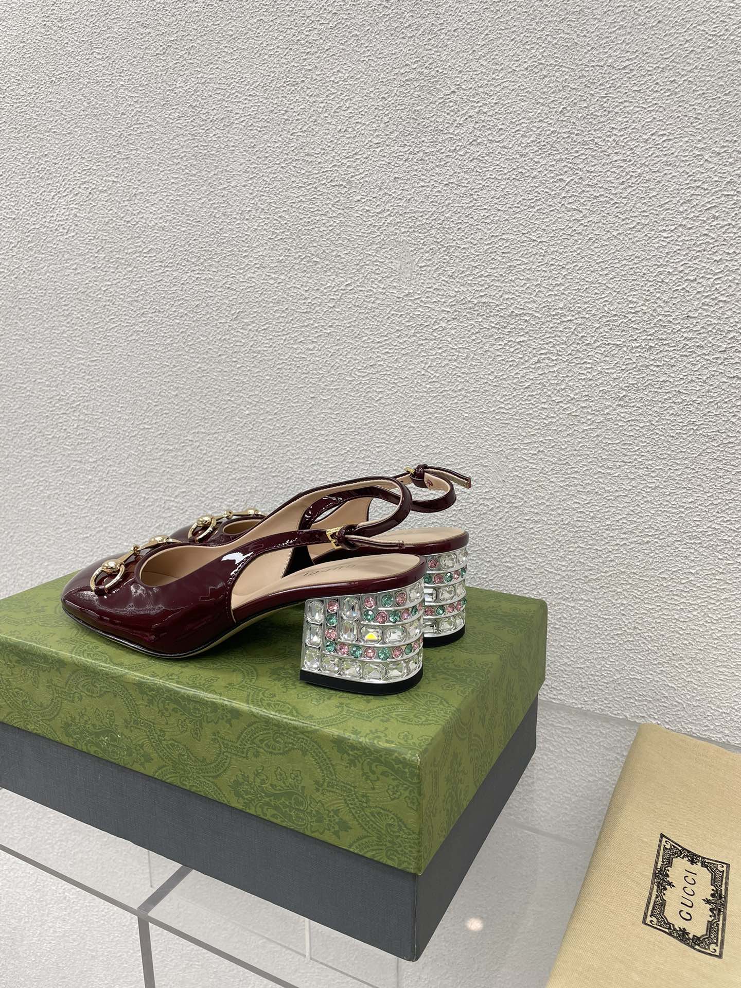 GUCCI WOMEN'S HORSEBIT SLINGBACK IN WINE RED CALFSKIN WITH RHINSTONES