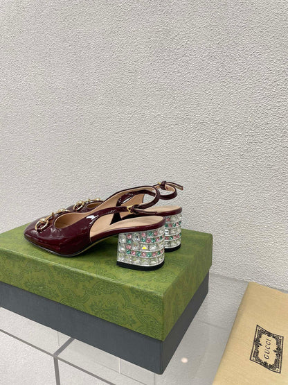 GUCCI WOMEN'S HORSEBIT SLINGBACK IN WINE RED CALFSKIN WITH RHINSTONES