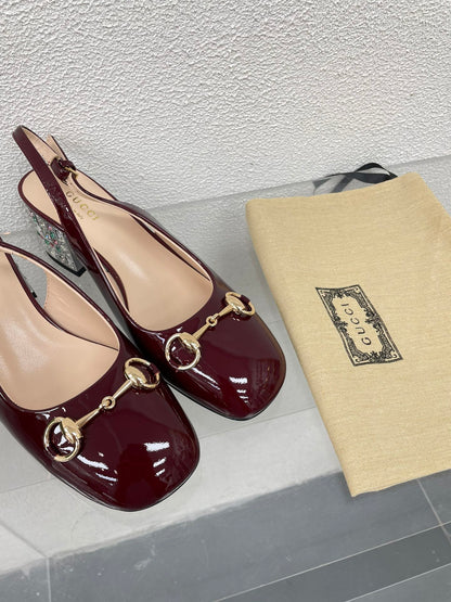 GUCCI WOMEN'S HORSEBIT SLINGBACK IN WINE RED CALFSKIN WITH RHINSTONES
