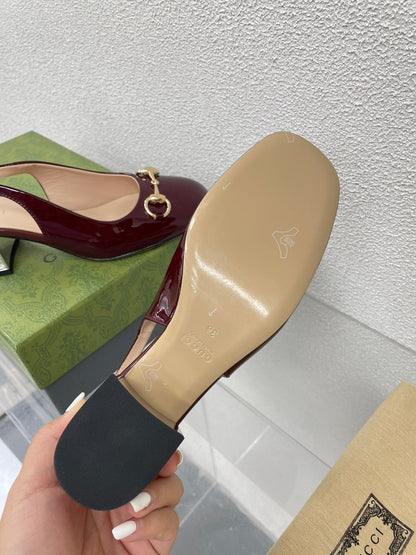 GUCCI WOMEN'S HORSEBIT SLINGBACK IN WINE RED CALFSKIN WITH RHINSTONES