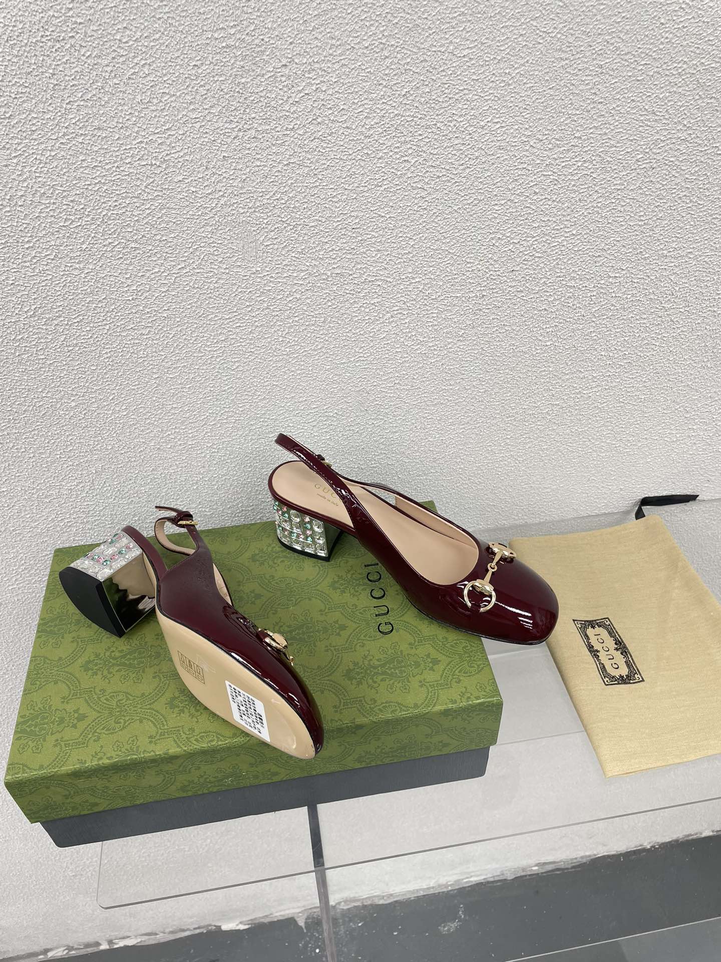 GUCCI WOMEN'S HORSEBIT SLINGBACK IN WINE RED CALFSKIN WITH RHINSTONES