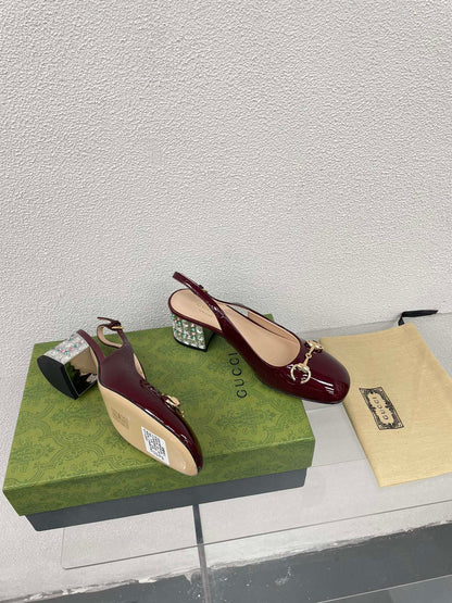 GUCCI WOMEN'S HORSEBIT SLINGBACK IN WINE RED CALFSKIN WITH RHINSTONES