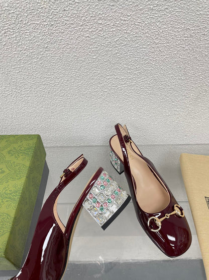 GUCCI WOMEN'S HORSEBIT SLINGBACK IN WINE RED CALFSKIN WITH RHINSTONES