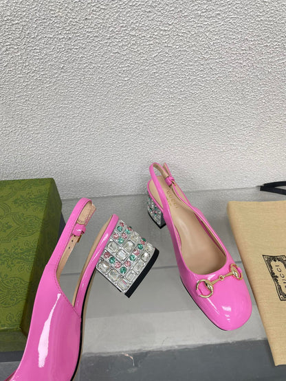 GUCCI WOMEN'S HORSEBIT SLINGBACK IN FUSCIA PINK CALFSKIN WITH RHINSTONES