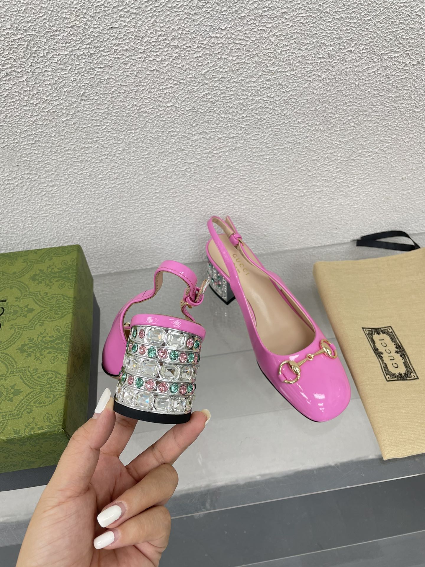 GUCCI WOMEN'S HORSEBIT SLINGBACK IN FUSCIA PINK CALFSKIN WITH RHINSTONES