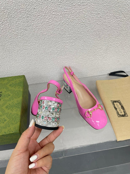 GUCCI WOMEN'S HORSEBIT SLINGBACK IN FUSCIA PINK CALFSKIN WITH RHINSTONES