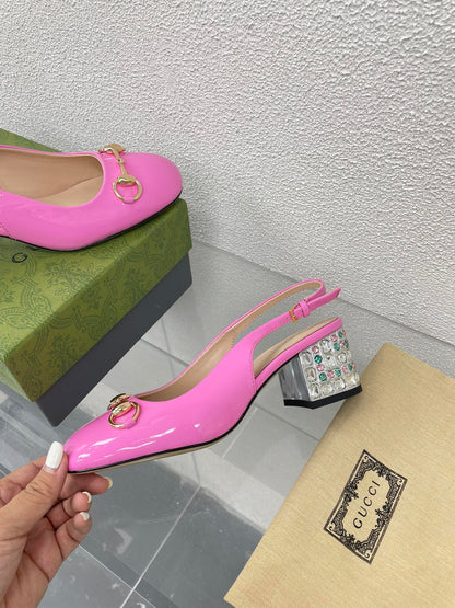 GUCCI WOMEN'S HORSEBIT SLINGBACK IN FUSCIA PINK CALFSKIN WITH RHINSTONES