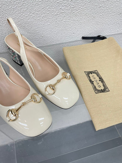 GUCCI WOMEN'S HORSEBIT SLINGBACK IN WHITE CALFSKIN WITH RHINSTONES