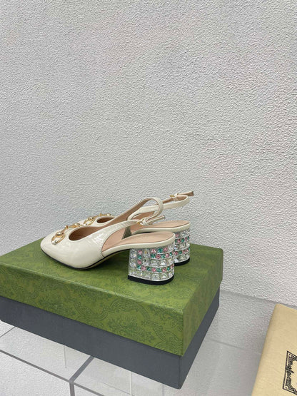 GUCCI WOMEN'S HORSEBIT SLINGBACK IN WHITE CALFSKIN WITH RHINSTONES