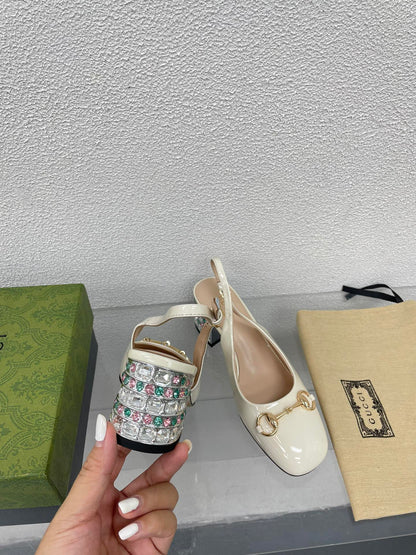 GUCCI WOMEN'S HORSEBIT SLINGBACK IN WHITE CALFSKIN WITH RHINSTONES