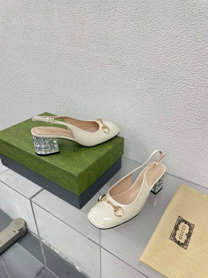 GUCCI WOMEN'S HORSEBIT SLINGBACK IN WHITE CALFSKIN WITH RHINSTONES