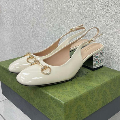 GUCCI WOMEN'S HORSEBIT SLINGBACK IN WHITE CALFSKIN WITH RHINSTONES