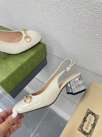 GUCCI WOMEN'S HORSEBIT SLINGBACK IN WHITE CALFSKIN WITH RHINSTONES