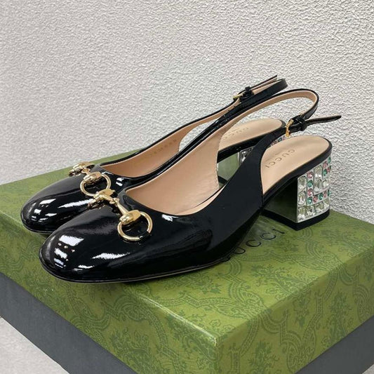 GUCCI WOMEN'S HORSEBIT SLINGBACK IN BLACK CALFSKIN WITH RHINSTONES
