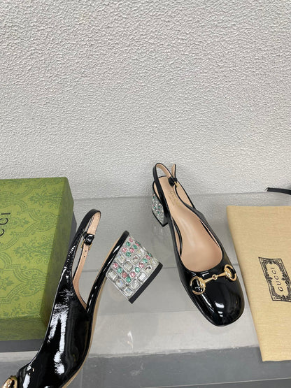 GUCCI WOMEN'S HORSEBIT SLINGBACK IN BLACK CALFSKIN WITH RHINSTONES