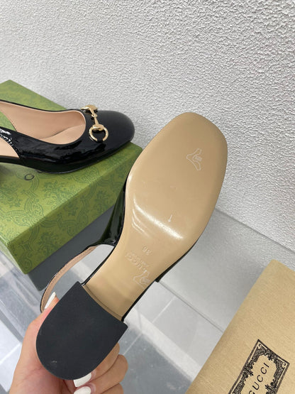 GUCCI WOMEN'S HORSEBIT SLINGBACK IN BLACK CALFSKIN WITH RHINSTONES