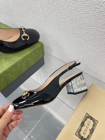 GUCCI WOMEN'S HORSEBIT SLINGBACK IN BLACK CALFSKIN WITH RHINSTONES
