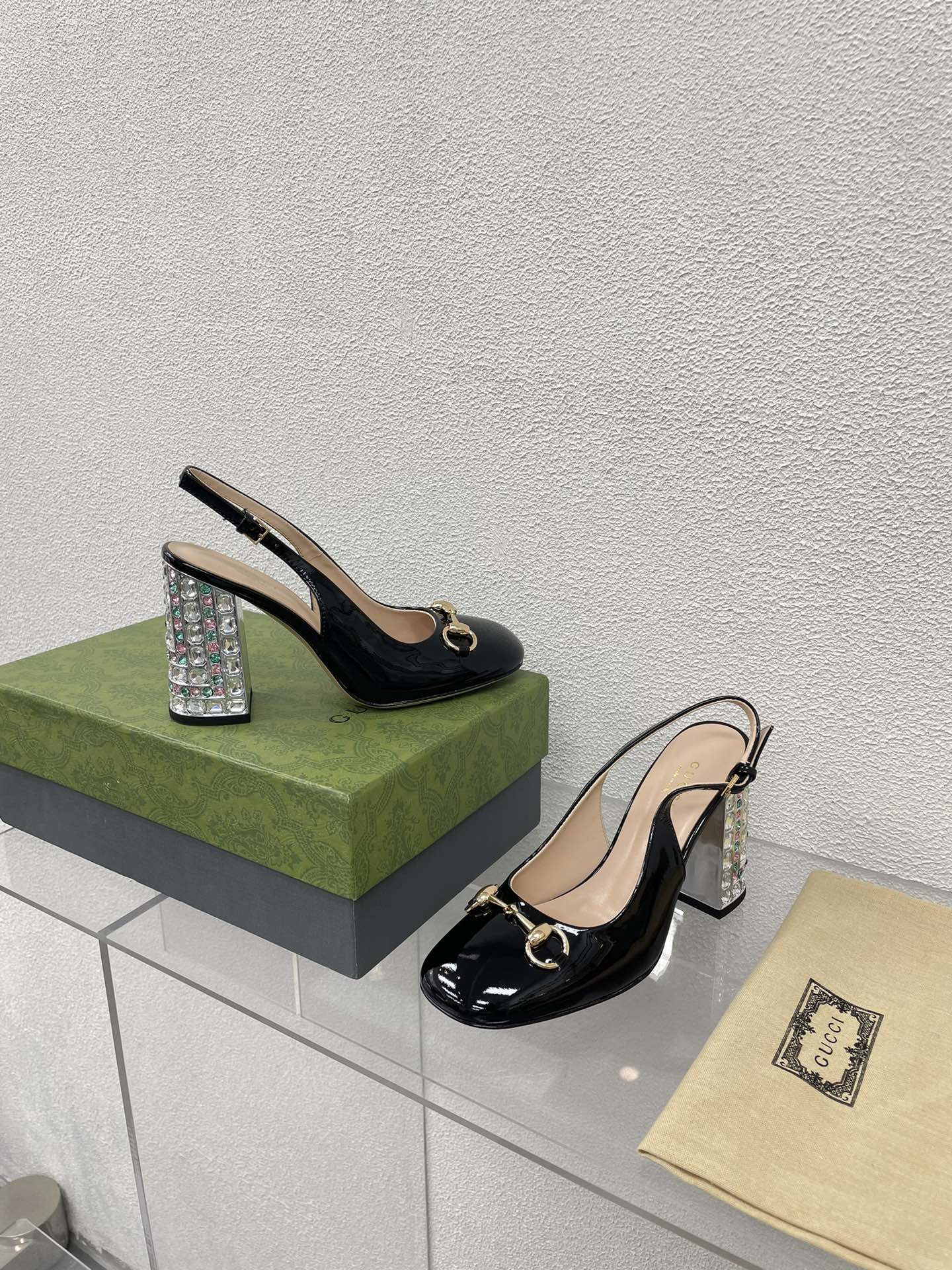 GUCCI WOMEN'S HORSEBIT SLINGBACK 95MM IN BLACK CALFSKIN WITH RHINSTONES